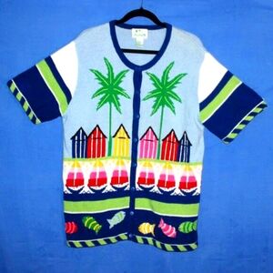 The Quacker Factory Beach Huts and Palm Trees Cardigan L